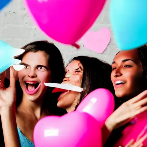 Image similar to silhouette of silly young women at a party having fun and holding balloons with pink hearts in the air