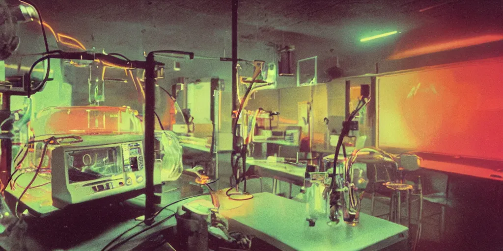Image similar to Mega Watson, movie still 35mm film photograph, inside of a 1970s science lab, neon lights, dirty, ektachrome photograph, volumetric lighting, f8 aperture, cinematic Eastman 5384 film