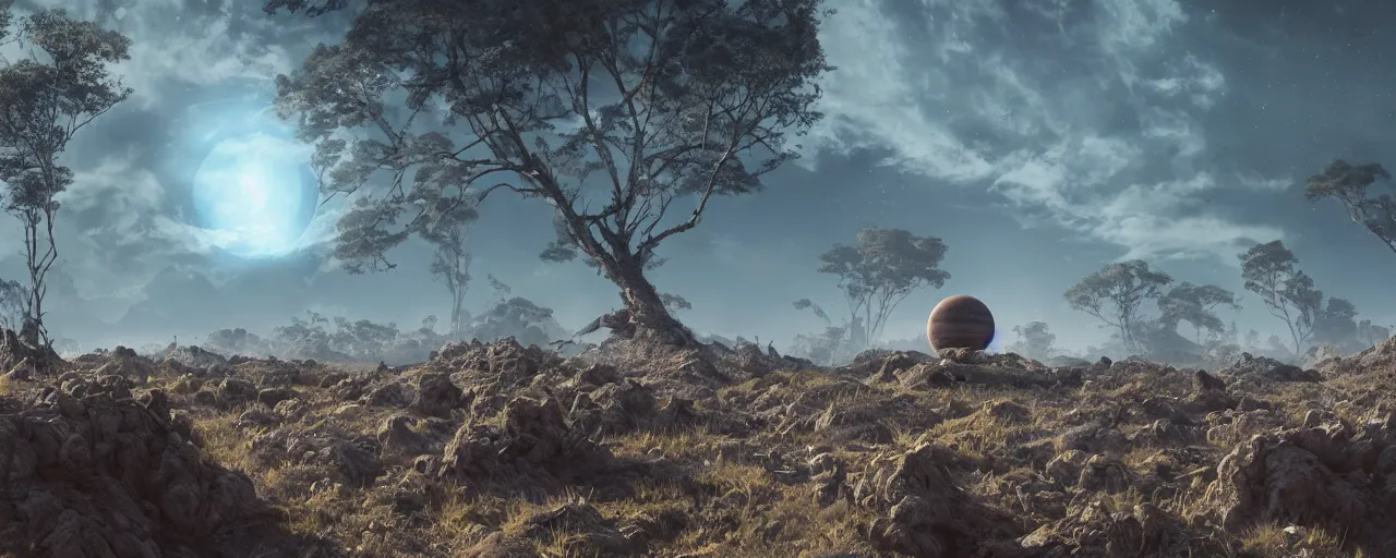 Image similar to ” outer planet with syrange alien vegetation, [ cinematic, detailed, epic, widescreen, opening, establishing, mattepainting, photorealistic, realistic textures, octane render ] ”