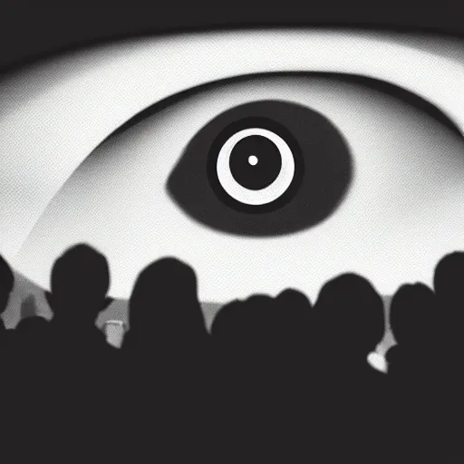 Image similar to a giant eye looking down on a crowd of people in the style of a cave painting