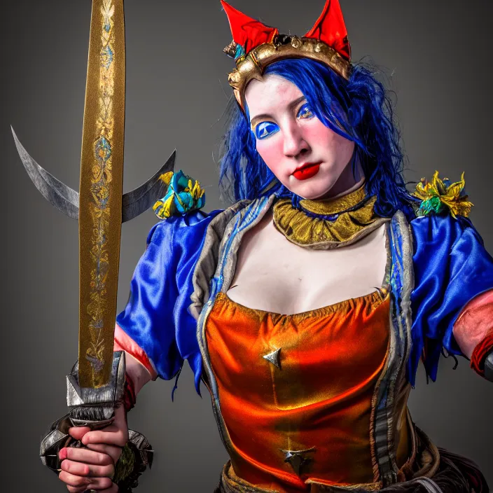 Image similar to full length photo of a real - life beautiful female jester warrior, 8 k, hdr, smooth, sharp focus, high resolution, award - winning photo