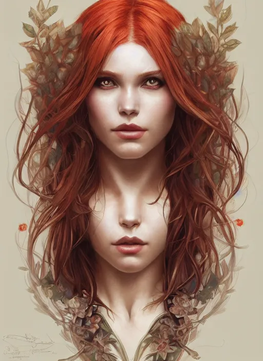 Image similar to symmetry!! poison ivy, machine parts embedded into face, intricate, elegant, highly detailed, digital painting, artstation, concept art, smooth, sharp focus, illustration, art by artgerm and greg rutkowski and alphonse mucha, 8 k