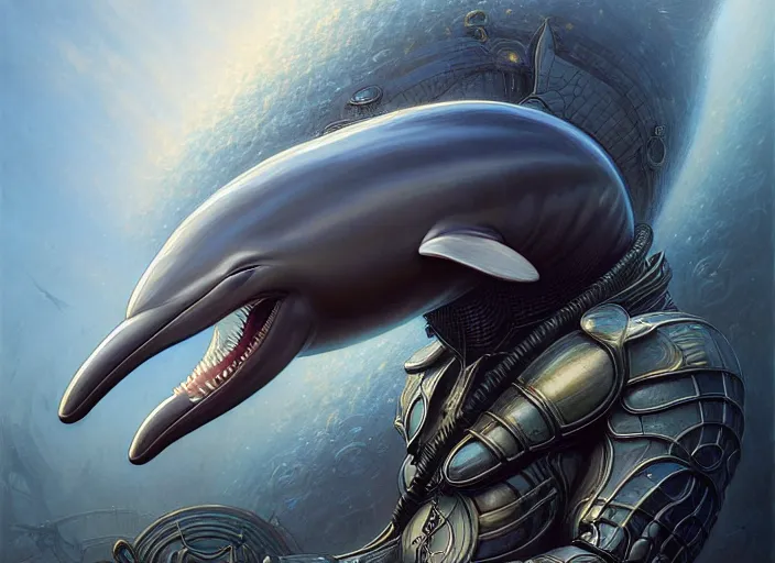 Prompt: wideangle!! portrait shot of a dolphin wearing swat armor, intricate, elegant, highly detailed, centered, digital painting, artstation, concept art, smooth, sharp focus, illustration, artgerm, tomasz alen kopera, peter mohrbacher, donato giancola, joseph christian leyendecker, wlop, boris vallejo