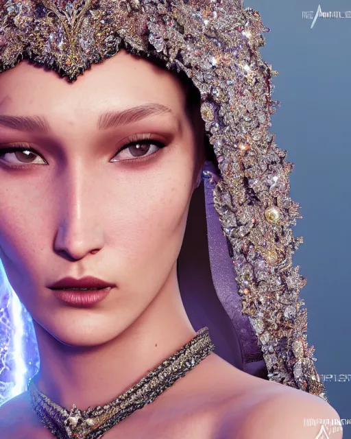 Image similar to a highly detailed metahuman 8 k close up render of bella hadid with a veil all over her face renaissance in iris van herpen dress schiaparelli in diamonds crystals swarovski and jewelry iridescent in style of alphonse mucha trending on artstation made in unreal engine 4