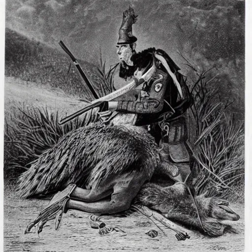 Prompt: emu soldier carrying firearms victorious at the fall of australia