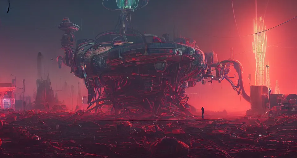 Image similar to beautiful low angle painting of ab alien world with unknown structures and technolog, steampunk, wires everywhere, junk on the ground, neon lights, red neon highlights, a tiny girl watching on, moody atmosphere, epic composition, dramatic lighting, trending on artstation, octane render, by robert zemeckis