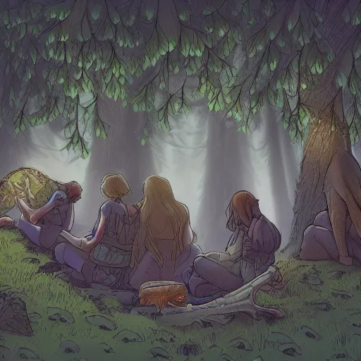 Image similar to eternal friendship and rest of the dwellers of the forest, dynamic lighting, cinematic, establishing shot, extremely high detail, shining, photo realistic, cinematic lighting, intricate line drawings, 8k resolution