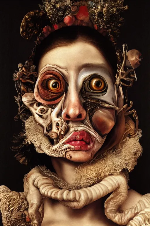 Image similar to Detailed maximalist portrait with large lips and with large wide eyes, surprised expression, surreal extra flesh and bones, HD mixed media, 3D collage, highly detailed and intricate, illustration in the style of Caravaggio, dark art, baroque