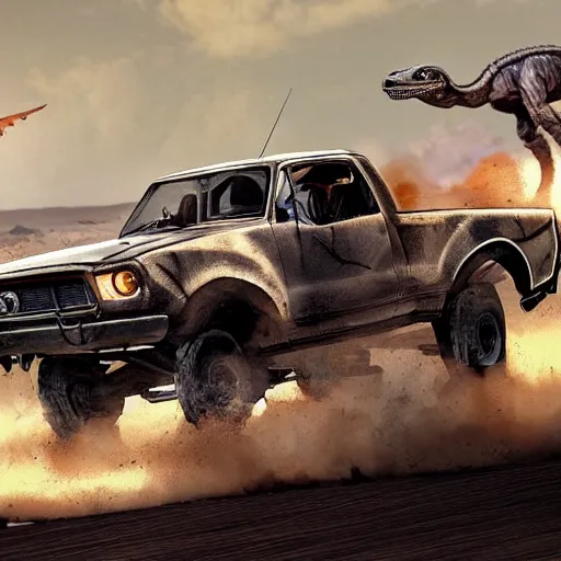 Image similar to velociraptor as a truck in the style of mad max and star wars, futuristic dramatic lighting, intricate photorealistic detail, many exotic high end features