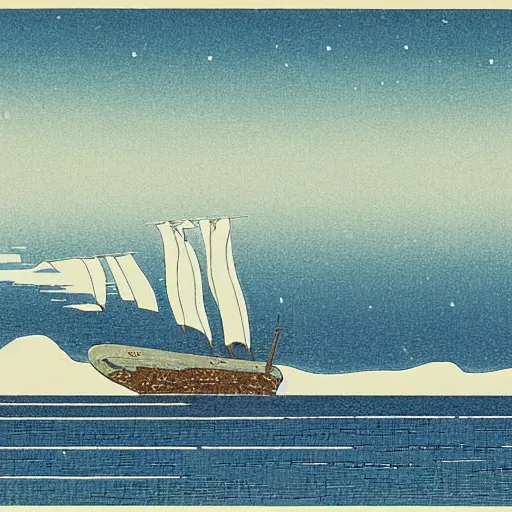 Prompt: a boat on the sea,panorama,snowy day, Kawase Hasui