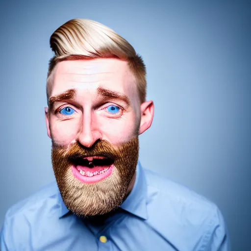 Prompt: A portrait of a british man, teacher, with short blond hair and a short blond beard, blue eyes, pale skin, English heritage, digital art, cartoon, mid-shot, head shot, 8k