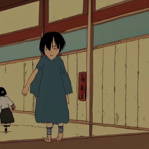 Image similar to a spirit looking for a hug, screenshot from the film spirited away by studio ghibli, lonely and sad, in a busy marketplace, sad