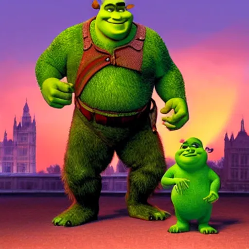 Prompt: a pixar animation of shrek wearing a police trafic suit in middle of london, raini day but whit a beautifull sunset