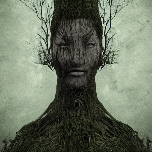 Image similar to Woman grown into a tree, dark, art