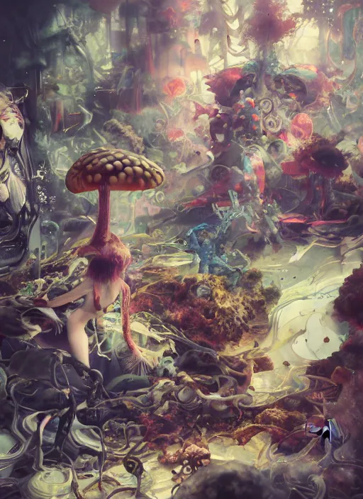 Image similar to surreal gouache painting, by yoshitaka amano, by ruan jia, by Conrad roset, by good smile company, detailed anime 3d render of a wild mushroom Surrounded by magical dragonfly and a big DJ Mixer, deck, portrait, cgsociety, artstation, rococo mechanical and Digital and electronic, dieselpunk atmosphere