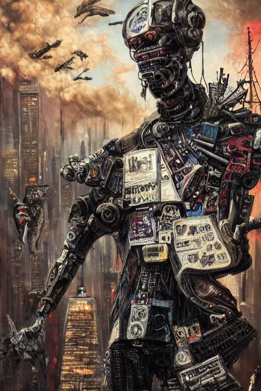 Image similar to a high hyper detailed painting with many textures and of a rebellious and punk humanoid cyborg p with leather jacket has expressions of anger and hate and wants to destroy the city of pollution and pollution, cyber punk dystopian art