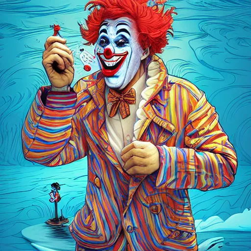 Prompt: eccentric clown stranded on an island, extremely detailed, sharp focus, wide view, full body shot, smooth, digital illustration, by james jean, by rossdraws, frank franzzeta, mcbess, sakimichan, brosmind, steve simpson