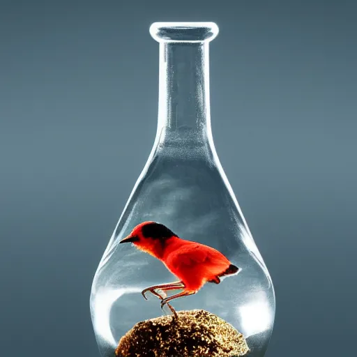 Image similar to bird in a bottle, award winning photography, hyper realistic, 4 k