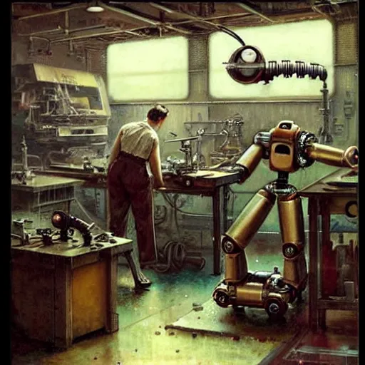 Image similar to ( ( ( ( ( 1 9 5 0 s retro boy inventors science fiction cluttered robot mechanics shop interior scene. muted colors. ) ) ) ) ) by jean - baptiste monge!!!!!!!!!!!!!!!!!!!!!!!!!!!!!!