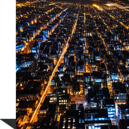 Image similar to Birds eye view of a metropolis at night, rectangular city grid with narrow streets, tall brutalist architecture buildings, city lights spilling upwards above the top of the buildings,