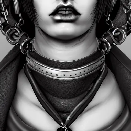 Image similar to detailed realistic female character cyberpunk wearing thick steel collar around neck, realistic, art, beautiful, 4K, collar, choker, collar around neck, punk, artstation, detailed, female, woman, choker, cyberpunk, neon, punk, collar, choker, collar around neck, thick collar, choker around neck, wearing choker, wearing collar,