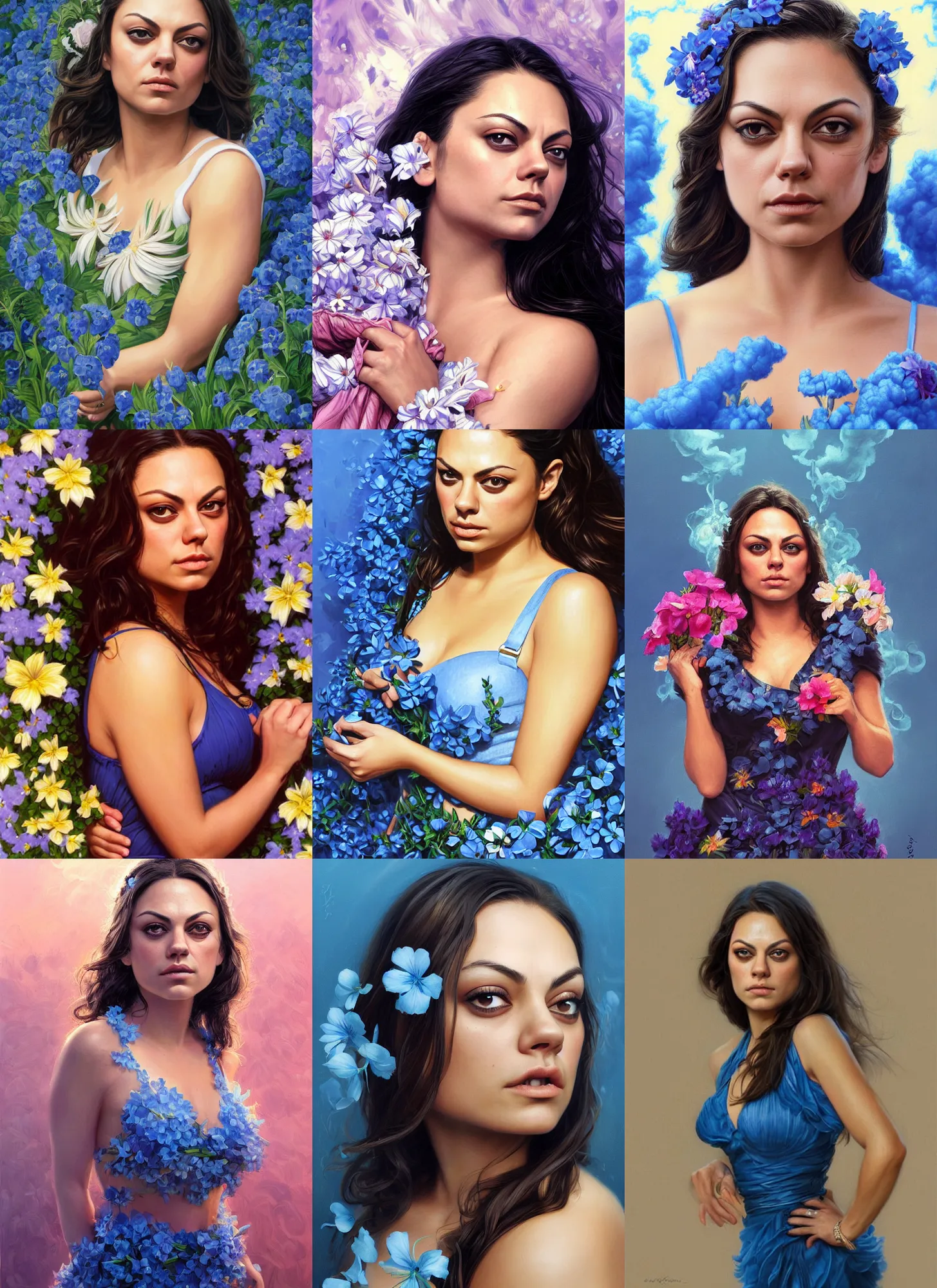 Prompt: sophisticated portrait of Mila Kunis lifting one eyebrow, flower power, thick blue smoke background, elegance, highly detailed, shallow depth of field, concept art, Artstation, Artgerm, Donato Giancola, Joseph Christian Leyendecker, WLOP