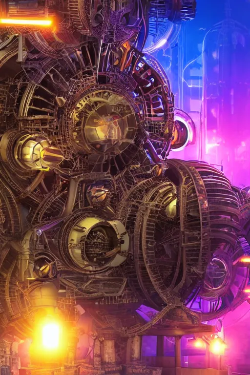 Image similar to a movie poster, movie is called tripmachine, photo of a huge futuristic steampunk generator inside a steampunk machinery, 8 k, fluorescent colors, halluzinogenic, multicolored, exaggerated detailed, 3 d render, octane