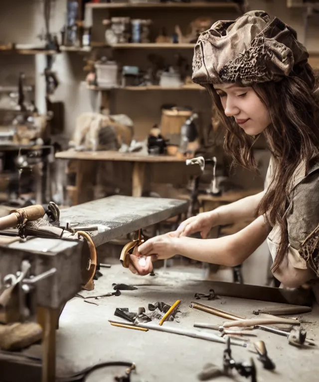 Prompt: A beautiful girl makes bronze gear on a workbench, 50mm photo, soft light, highly detailed, motion blur, trending on artstation