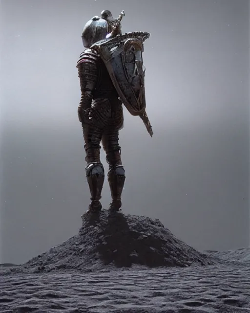 Prompt: crusader knight in armor standing on the moon, retrofuturism sci - fi old movie, highly detailed, photorealistic, 8 k, by beksinski and stalenhag