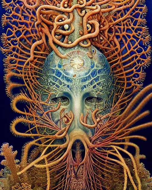 Image similar to realistic detailed underwater face portrait of the beautiful young god of the fish of the fractal waters with an intricate headgear of corals, sea kelp, sea plants, fish, starfish, jellyfish, art by ernst haeckel, zdzisław beksinski, hieronymus bosch, gothic, neo - gothic, ornamental, beautiful deep colours,