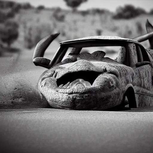 Image similar to dinosaur crushing car, black and white photo