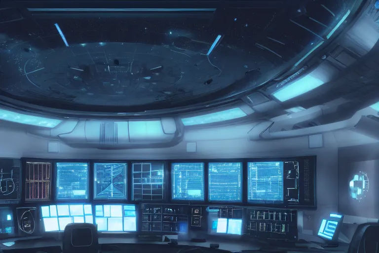 Image similar to a space-craft control room with windows looking out into the cosmos, a computer generated female avatar is on the heads up display, sci fi, Ridley Scott, cinematic, cinematic lighting, artstation, HD,