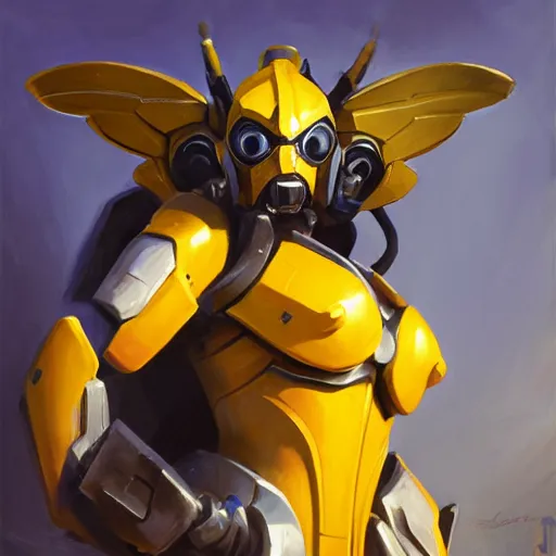 Image similar to greg manchess portrait painting of bumblebee the transformer as overwatch character, medium shot, asymmetrical, profile picture, organic painting, sunny day, matte painting, bold shapes, hard edges, street art, trending on artstation, by huang guangjian, gil elvgren, ruan jia, greg rutkowski, gaston bussiere