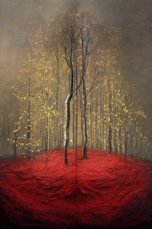 Image similar to immaculate painting of A Beautiful fine detailed gold and red and black Forest Illusion by erik johansson micro detailing