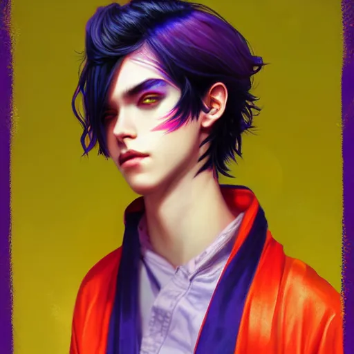 Image similar to colorful and festive captivating teenager boy with straight indigo hair, purple eyes with red eye markers, slim body, wearing a detailed japanese kimono. rich vivid colors, ambient lighting, dynamic lighting, 4 k, atmospheric lighting, painted, intricate, highly detailed by charlie bowater