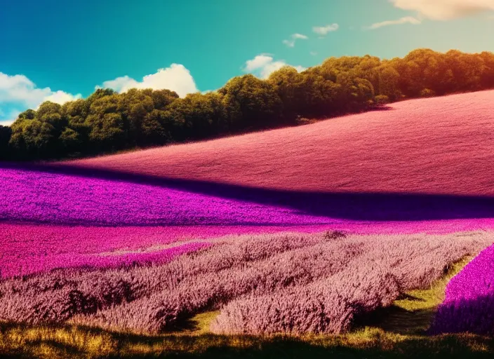 Image similar to fields full of flowers, pink and purple trees and blue sky with hills in the background. Intricate. Very detailed 8k. Fantasy. Sharp. Cinematic post-processing.