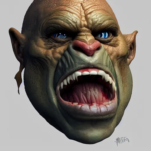 Image similar to An orc smiling into the camera, portrait, artstation, by Alex Flores