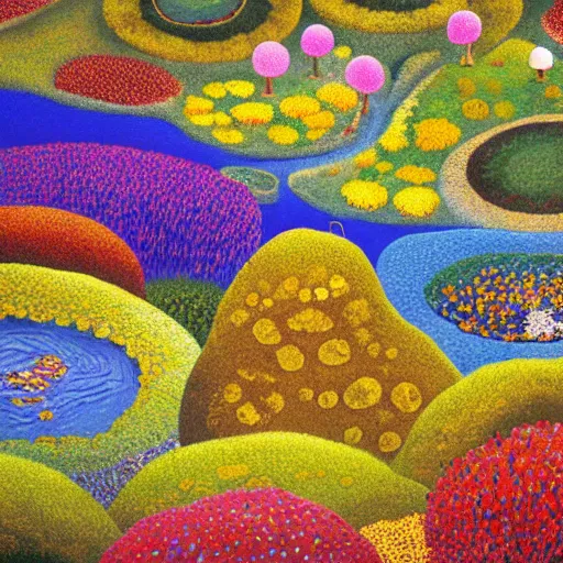 Prompt: painting of a colorful fungus garden in a cave, top-down view, Hiroo Isono