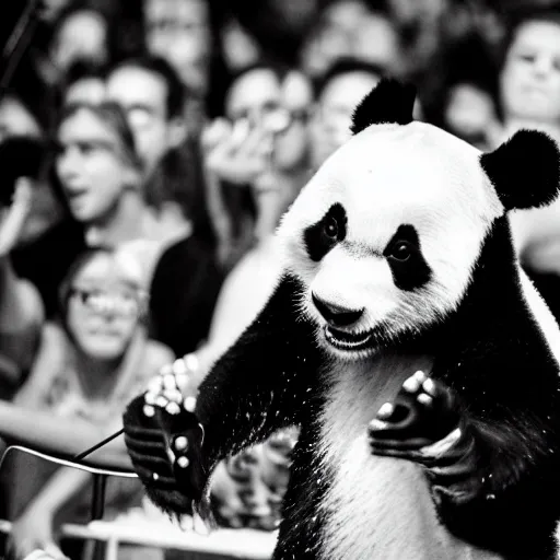 Image similar to concert photography of a panda bear singer, black and white, flashpoint flash, leica s, bruce gilden