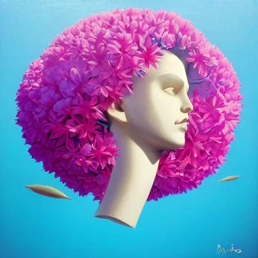 Image similar to RHADS, award winning masterpiece with incredible details, RHADS, a surreal vaporwave vaporwave vaporwave vaporwave vaporwave painting by RHADS of an old pink mannequin head with flowers growing out, sinking underwater, highly detailed RHADS