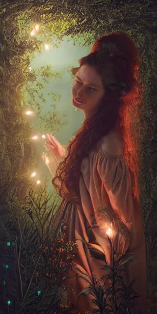 Image similar to young woman, smiling amazed, surrounded by firefly lights, full covering intricate detailed dress, amidst nature, long red hair, precise linework, accurate green eyes, small nose with freckles, beautiful smooth oval shape face, empathic, expressive emotions, dramatic lights, hyper realistic ultrafine art by artemisia gentileschi, jessica rossier, boris vallejo