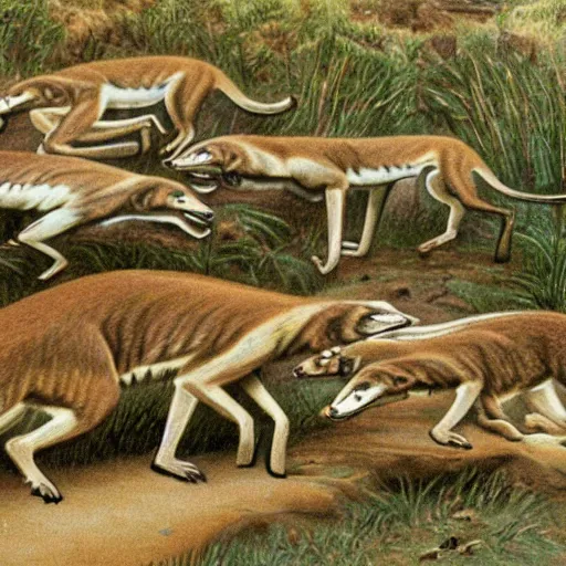 Prompt: a herd of tasmanian tigers thylacine