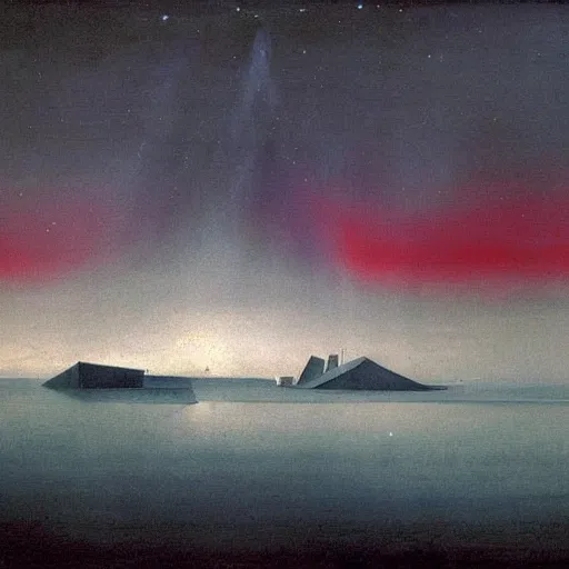 Image similar to the epic abstract painting'blue arctic void with black and red aurora borealis above a tiny inuit village ', by caspar david friedrich!!!, by rothko!!!, stunning masterpiece, trending on artstation