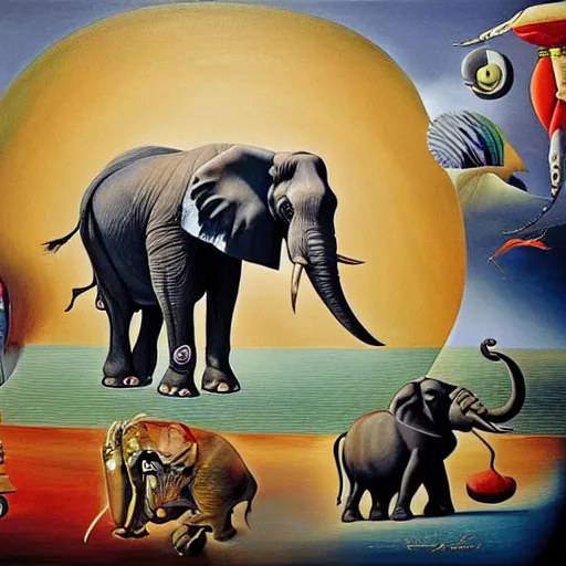 Image similar to in the style of painter salvador dali circus of animals playing, Surrealism painting, hyperrealism, large elephant plays, high details, everything sharp focus, photorealism, painting