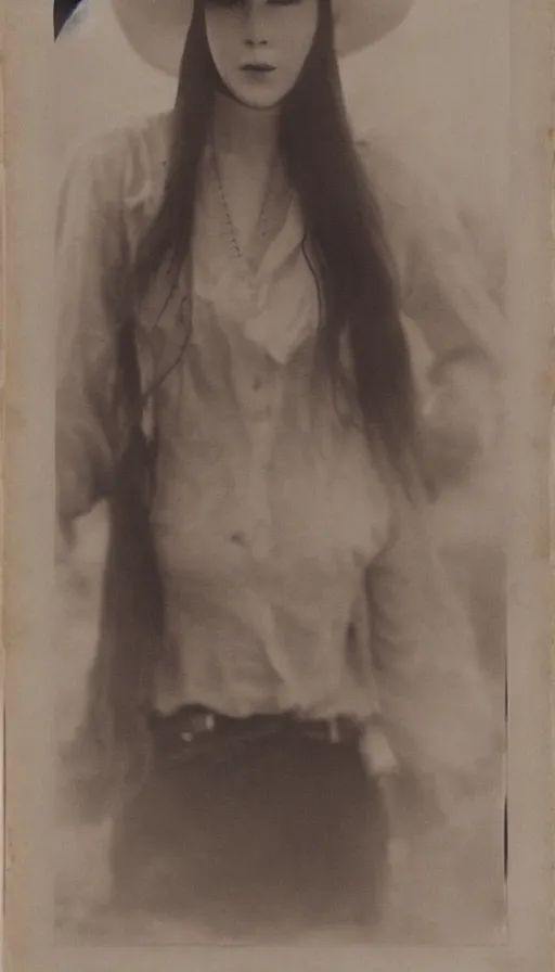 Prompt: Young Nicole Kidman, cowgirl, outlaw, portrait, full body, beautiful face, cute, no long neck, no long anatomy, symmetrical features, silver iodide, 1880 photograph, sepia tone, aged paper, Sergio Leone, Master Prime lenses, cinematic