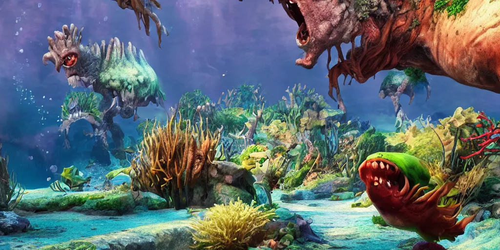 Image similar to underwater enviroment with spondilus creatures, unreal 5, hyperrealistic, realistic, photorealistic, dynamic lighting, highly detailed, cinematic landscape, studio landscape, studio lighting