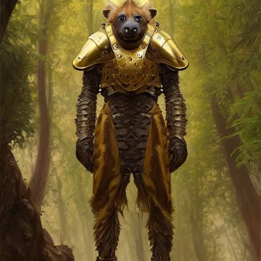 Image similar to a long shot photo of a humanoid hyena were a heroic armour an gold helmet in the forest, long hair, highly detailed, digital painting, artstation, smooth, sharp focus, illustration, art by artgerm and greg rutkowski and alphonse mucha