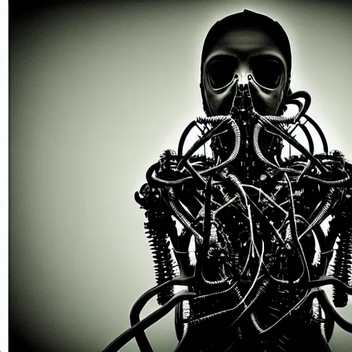 Prompt: a biomechanical cybergoth of dust and ash and wires in a dark grimy bleak room, low key