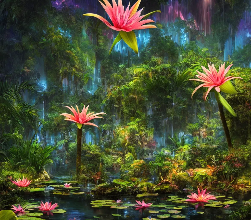 Image similar to detailed fantastic giant lily in a tropical pond by artstation bruce pennington, bas - relief, dark night, neon lights, reflections ray, tracingstar trails, dramatic light, fluffy clouds, digital painting, igh detailed, 8 k render, perfect shape, hyperrealistic