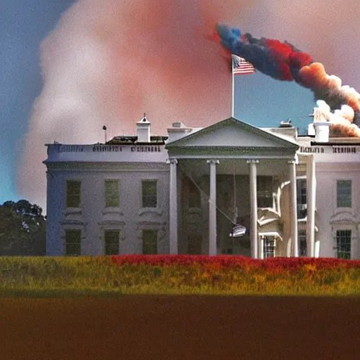 Image similar to politics, destroyed presidential white house, landscape, dystopian, war, real, bright blue smoke, red clouds, detailed, award winning, masterpiece